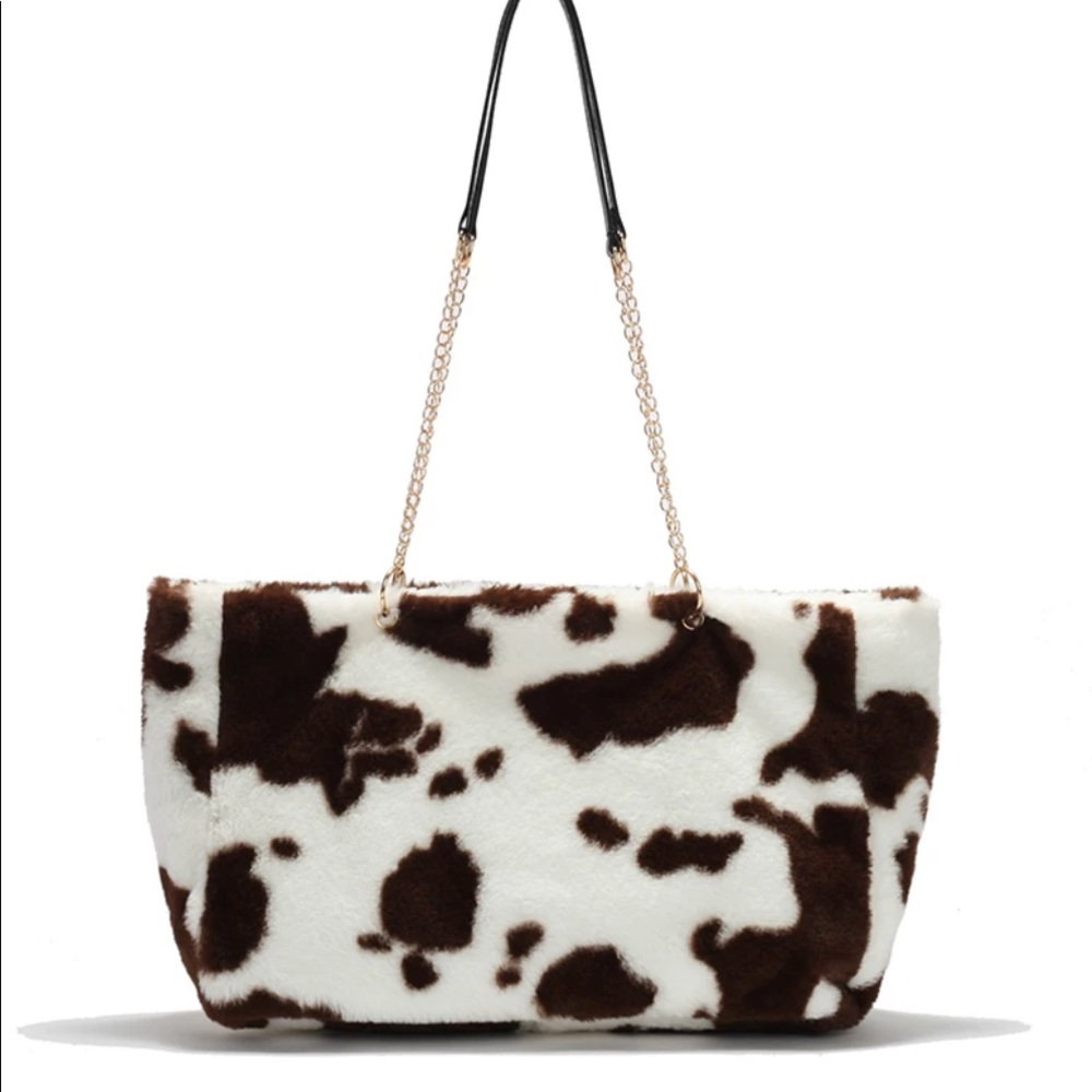 Dolls Kill Brown and White Faux Fur Cow Print Shoulder Bag
